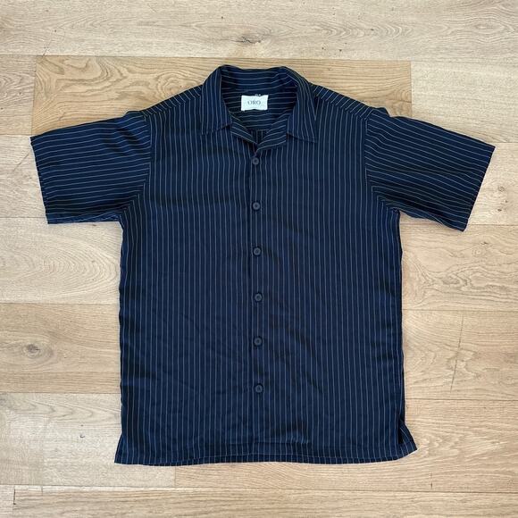 ORO - Pinstripe Short Sleeve Button Front Shirt in Black & White